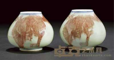 18th century A pair of underglaze blue copper red and celadon glazed water pots 